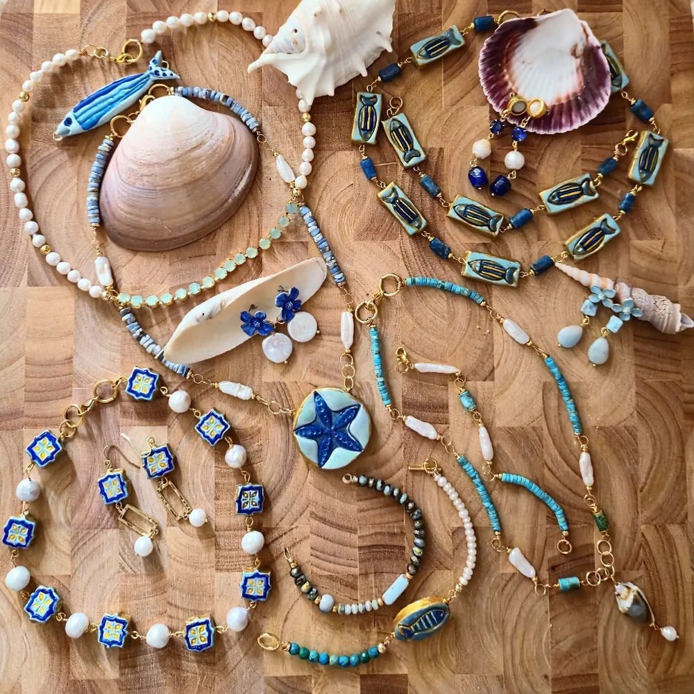 Santorini Inspired Handpainted Blue Fish, Azurite & Pearld In Artisan Bracelet